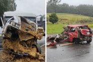 Acidente entre carro, caminho e duas carretas mata mulher no Norte de SC