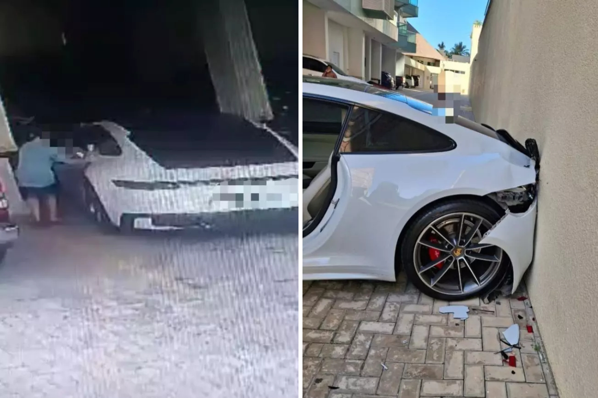 Criana dirige Porsche e colide contra muro de condomnio no Litoral catarinense