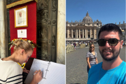 Casal de Gaspar que est em Roma escreve no livro de homenagens ao Papa: 