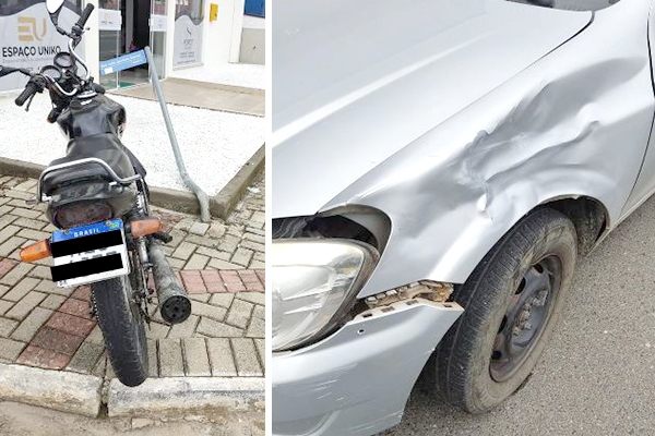Menor fica ferido após colidir moto contra carro e placa no Centro de Ilhota