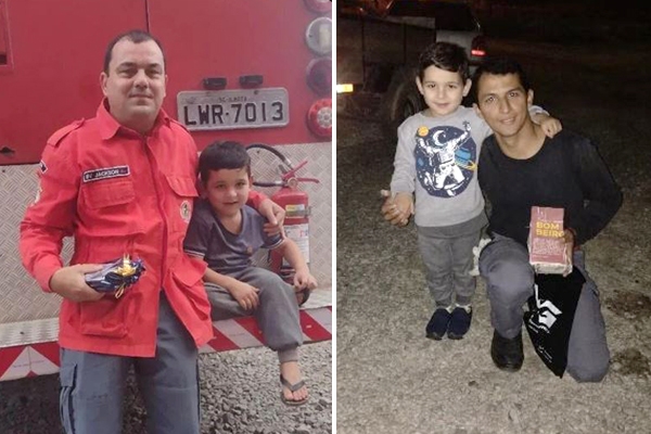 Crian�a v�tima de acidente em Ilhota vai ao quartel dos bombeiros agradecer atendimento