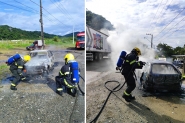 Ondulao no asfalto provoca vazamento de combustvel e carro pegar fogo na BR-470, em Gaspar