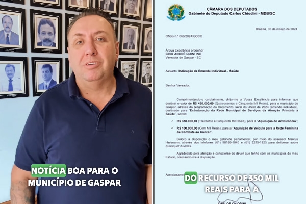 Deputado destina R$450 mil para compra de ambulncia para Sade e carro para a Rede Feminina de Gaspar