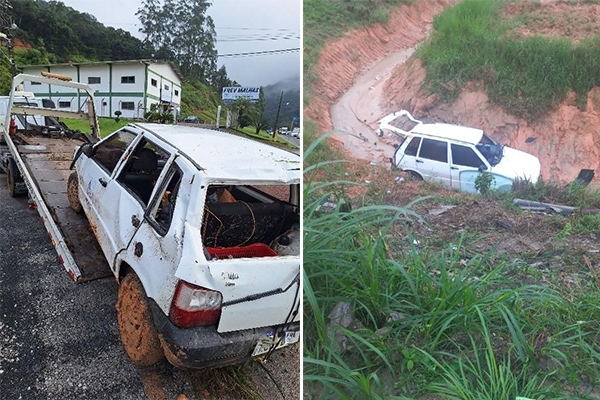 Para não bater em carro parado no meio da rodovia, motorista sai da pista e capota veículo em Gaspar