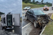 Mulher grávida morre em grave acidente entre caminhão, moto e carro em Blumenau