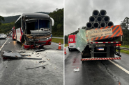 Fotos mostram estragos em nibus e carreta que colidiram na BR-470, em Ilhota