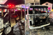 Kombi estacionada em ptio de posto de combustveis  destruda por incndio em Ilhota