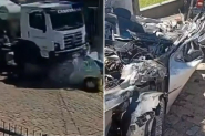 Caminhão betoneira desgovernado passa por cima de carro e atinge casa em Indaial