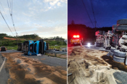 Caminhão carregado com resíduos orgânicos tomba na rotatória da BR-470, em Gaspar
